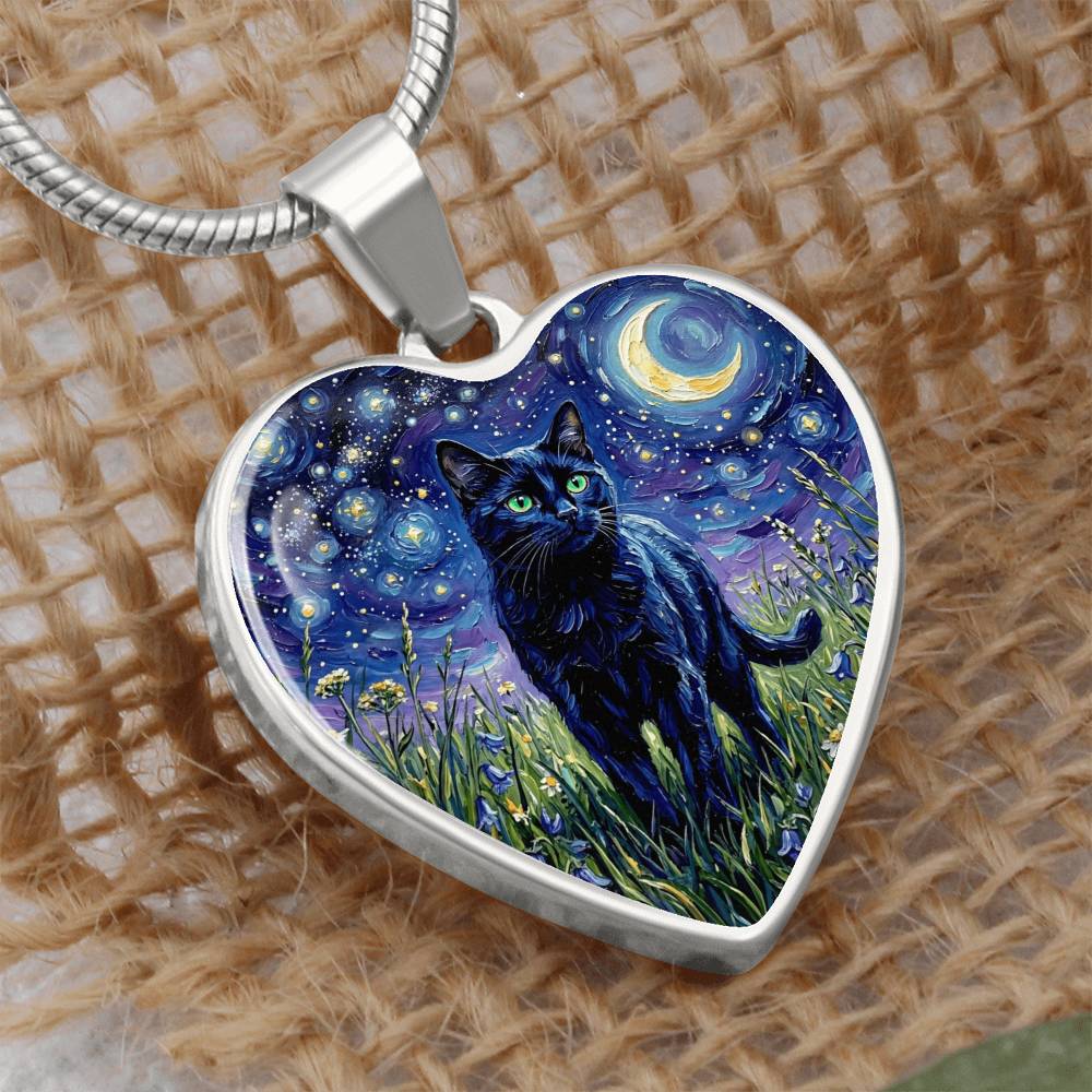 Amongst The Flowers - Black Cat Heart Necklace