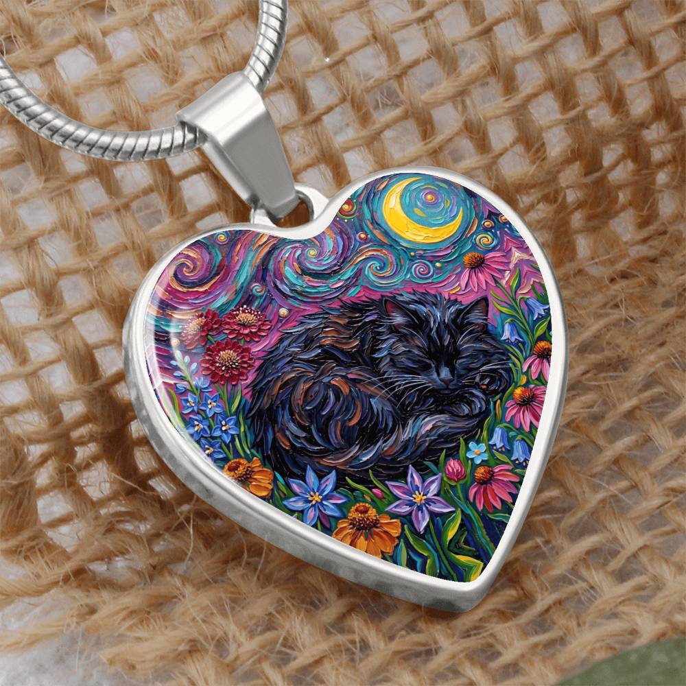Amongst The Flowers - Sleepy Black Cat Heart Necklace