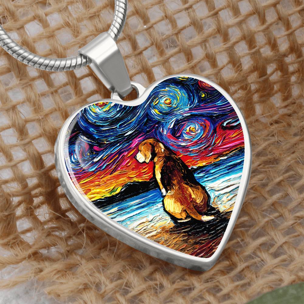 Beagle at the Beach Starry Night Heart Necklace