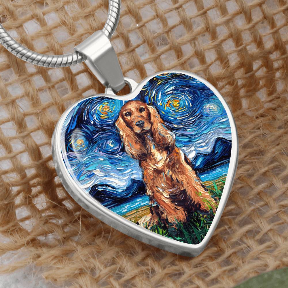 Red Cocker Spaniel Starry Night Heart Necklace