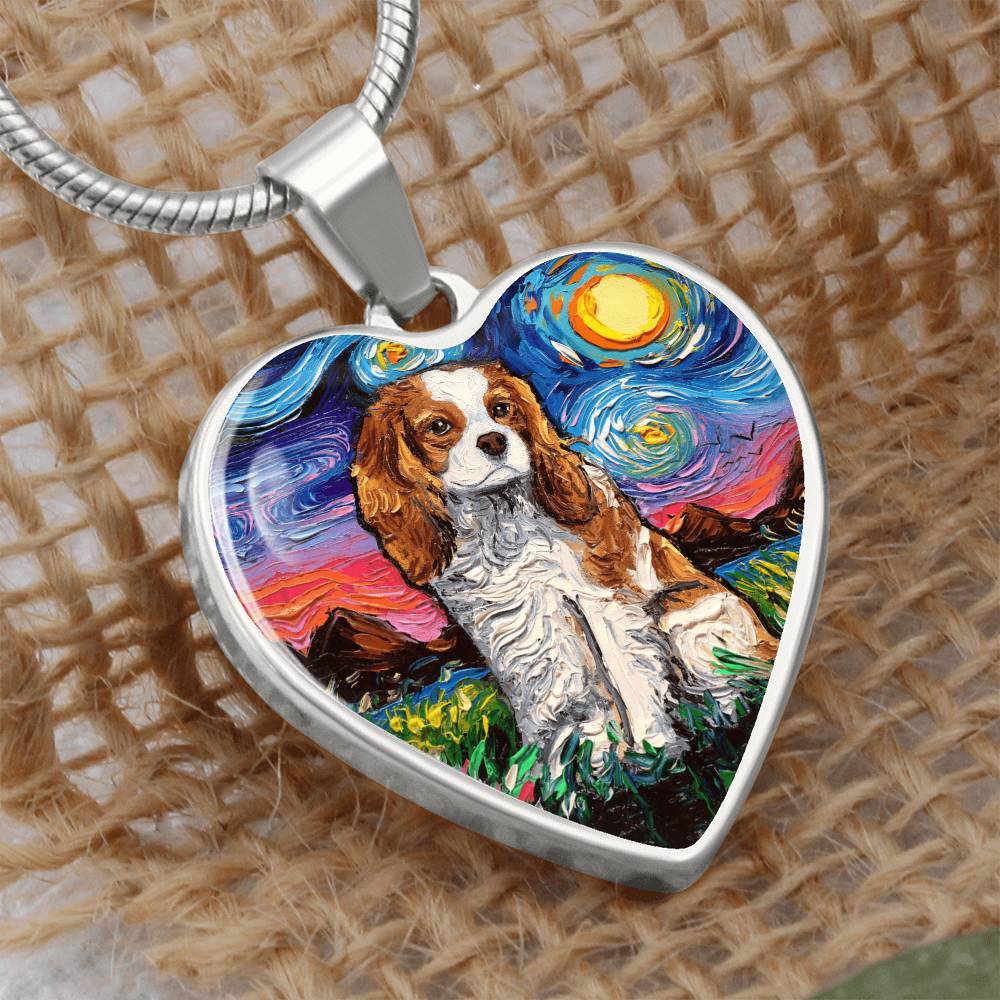 Blenheim Cavalier Spaniel Starry Night Heart Necklace