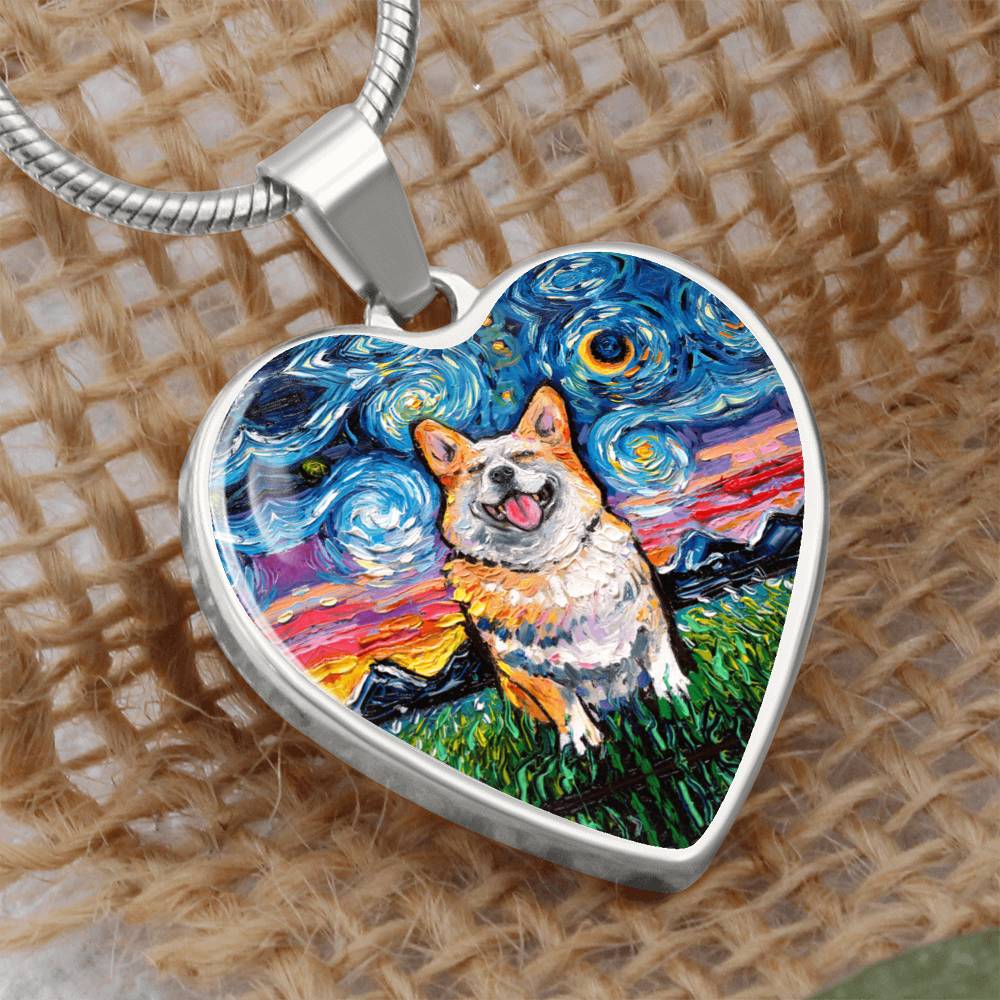 Smiling Corgi Starry Night Heart Necklace