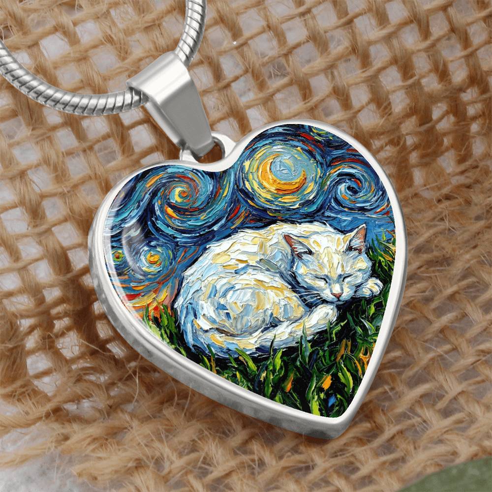 Sleepy White Cat Night Heart Necklace