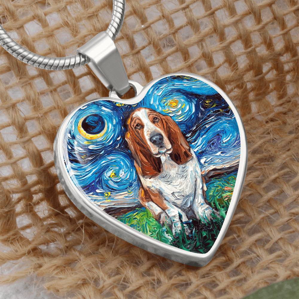 Basset Hound Starry Night Heart Necklace