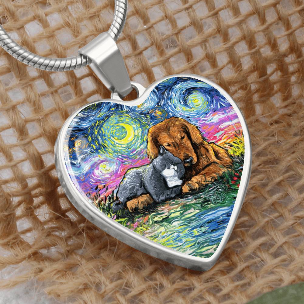 Best Friends Cat and Dog Starry Night Heart Necklace