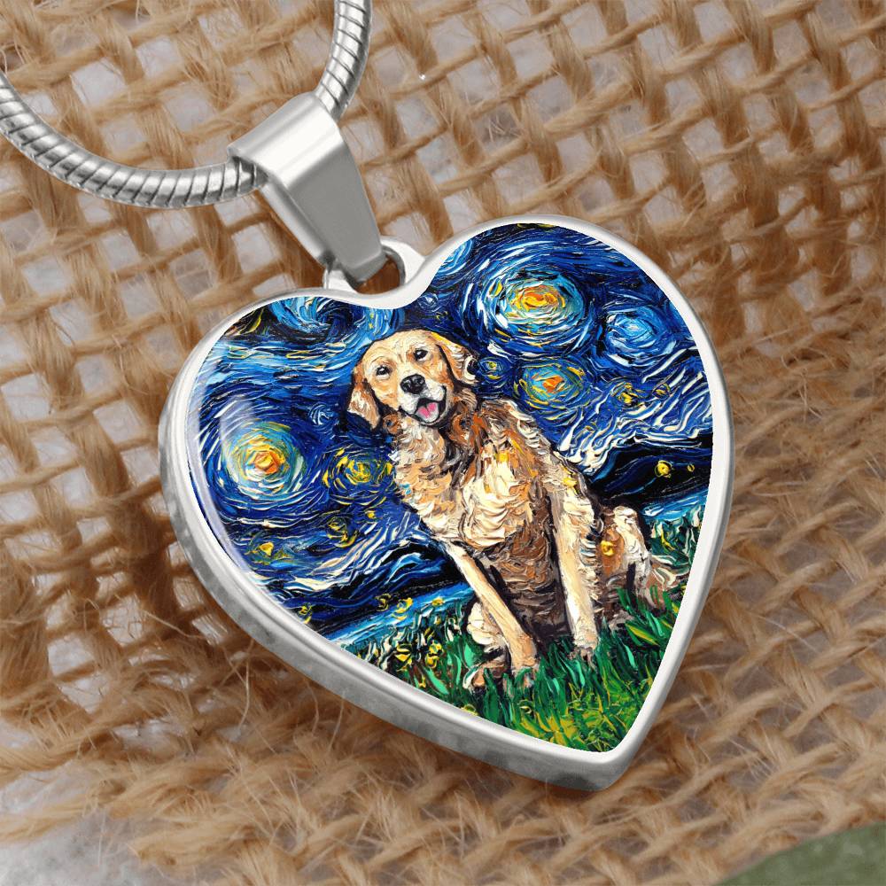 Golden Retriever Starry Night Heart Necklace