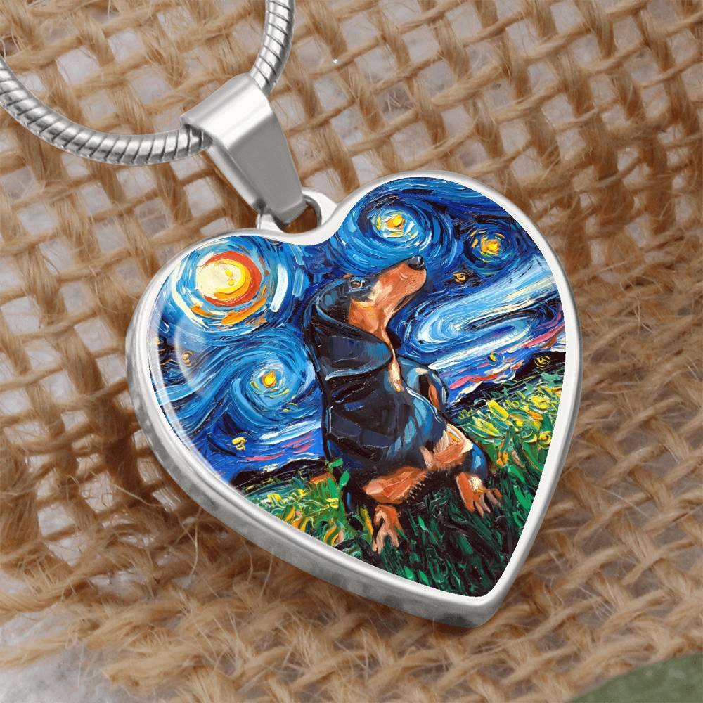 Black and Tan Dachshund Starry Night Heart Necklace