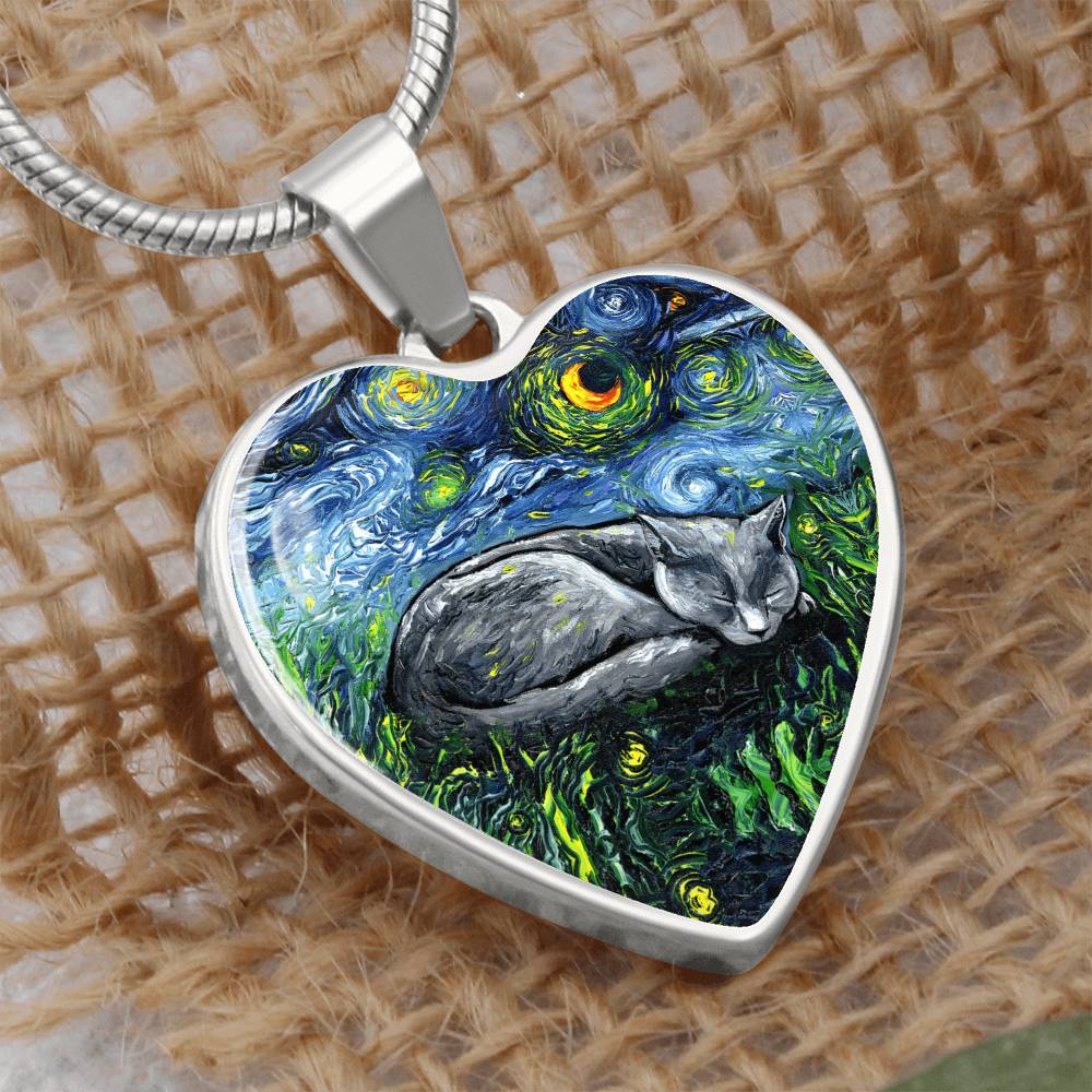 SleepingRussian Blue Cat Starry Night Heart Necklace