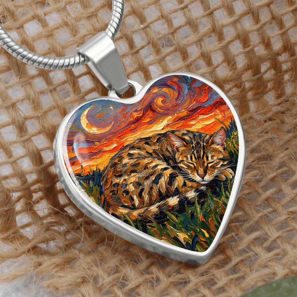 Sleepy Egyptian Mau Night Heart Necklace