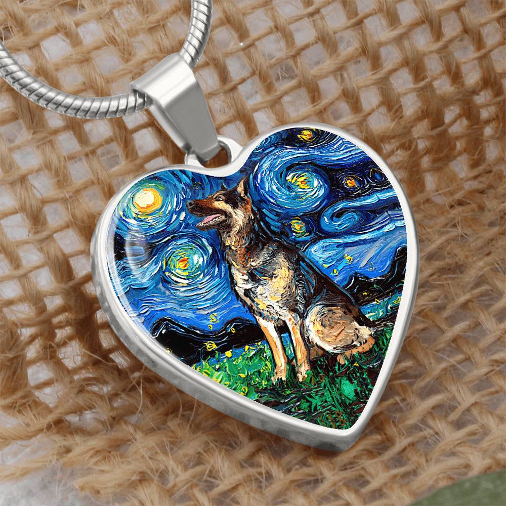 German Shepherd Starry Night Heart Necklace