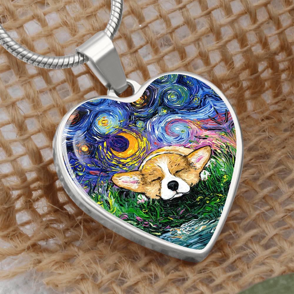 Sleeping Corgi Starry Night Heart Necklace