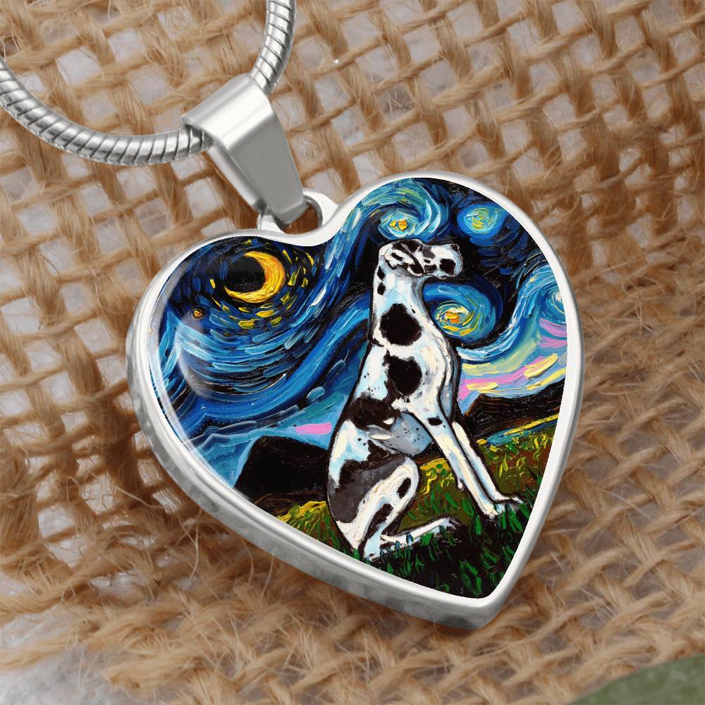Harlequin Great Dane Starry Night Heart Necklace