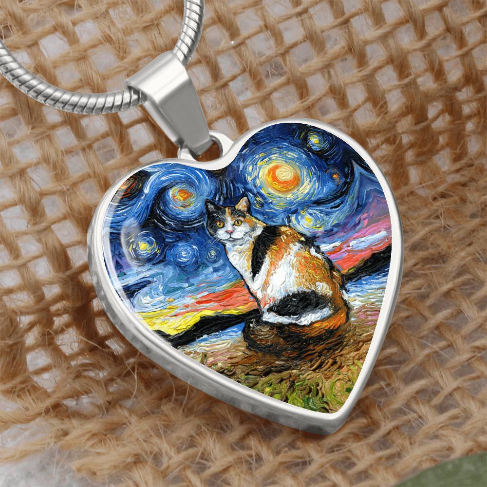 Calico Cat Starry Night Heart Necklace