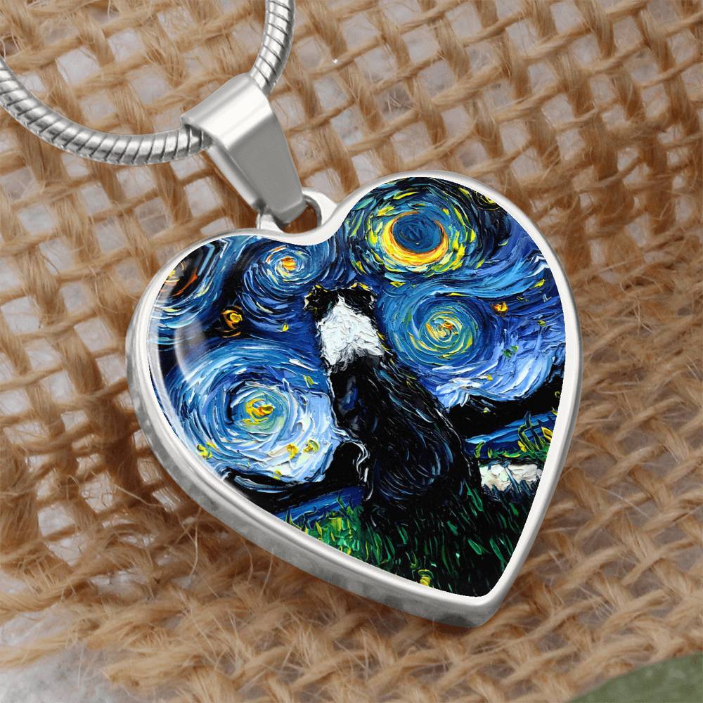 Border Collie Back Starry Night Heart Necklace
