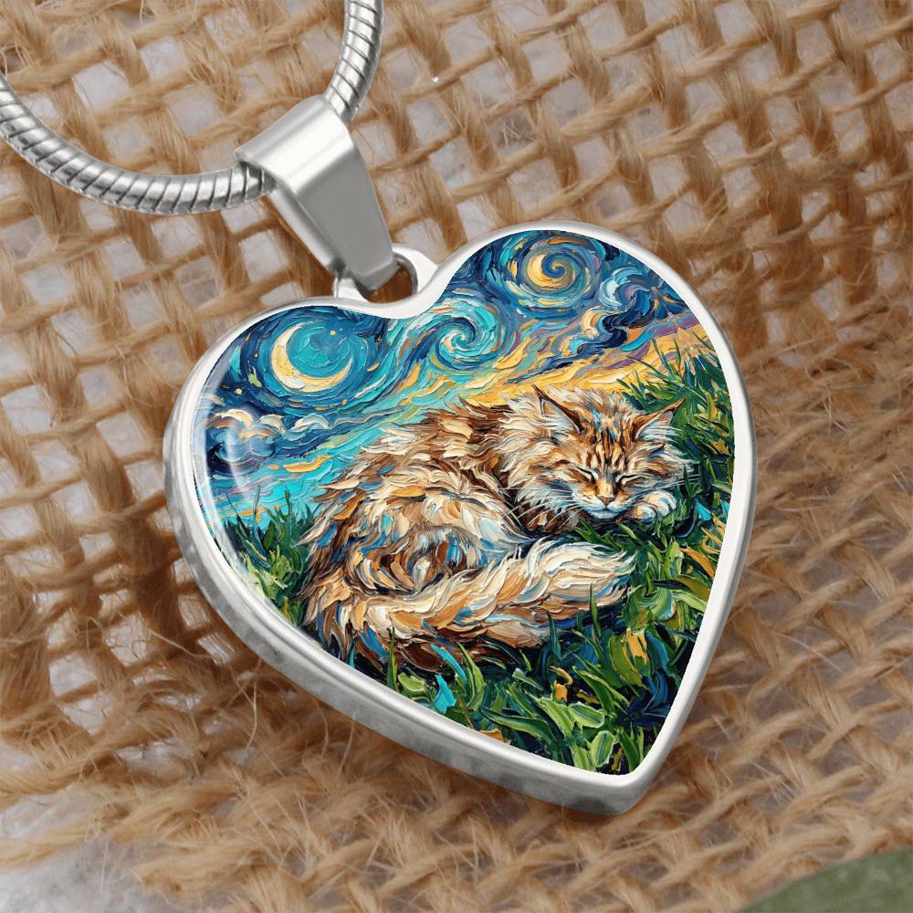Sleepy Maine Coon Night Heart Necklace