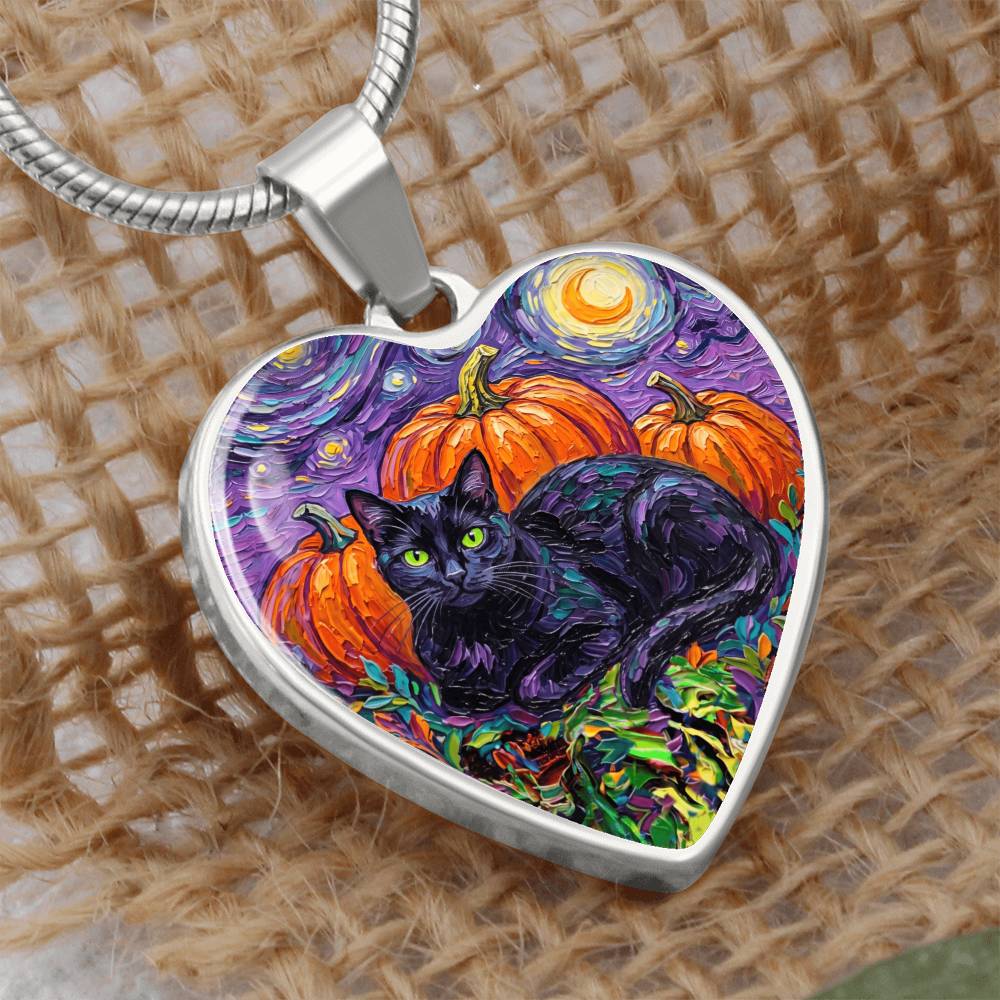 Harvest Moon Black Cat Heart Necklace
