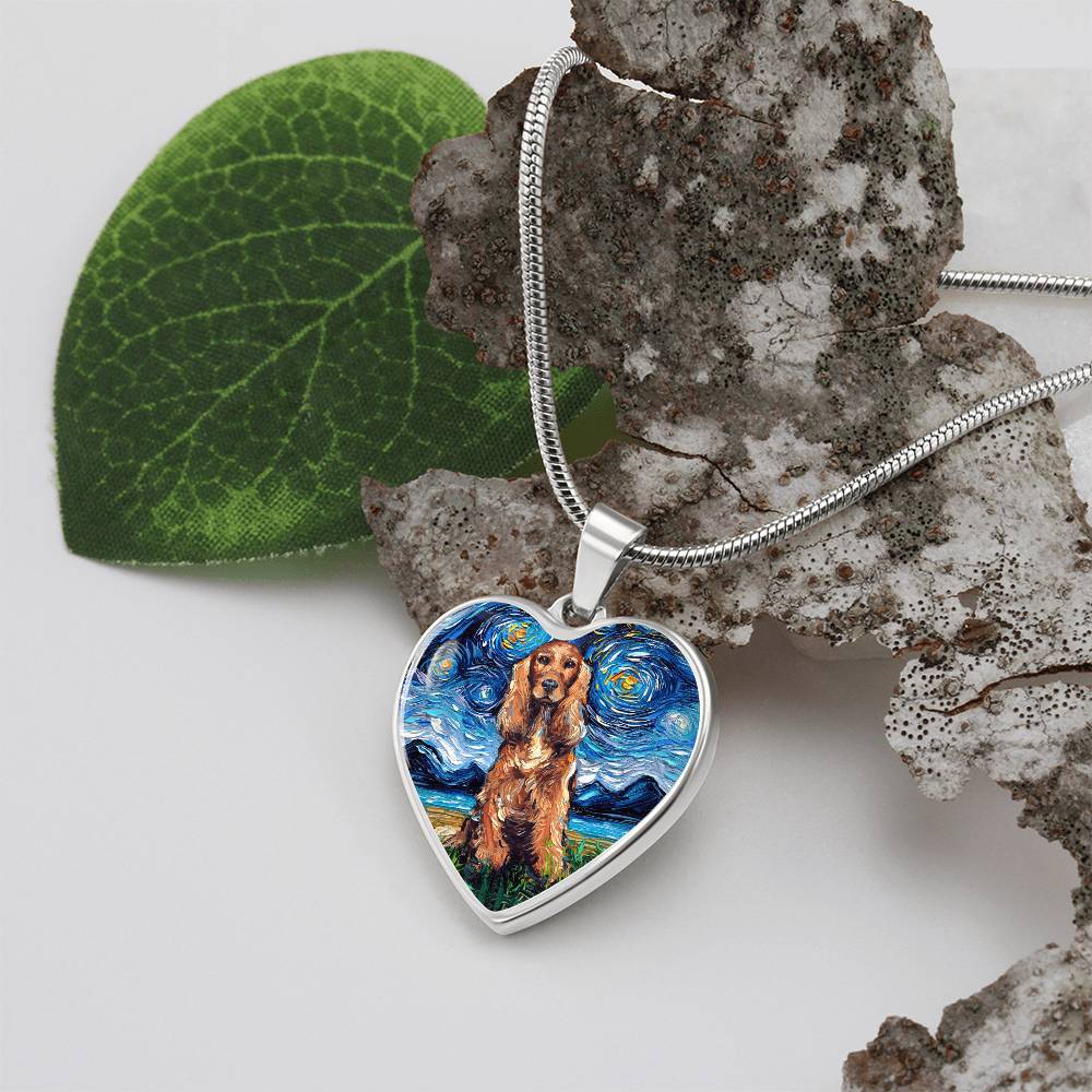 Red Cocker Spaniel Starry Night Heart Necklace