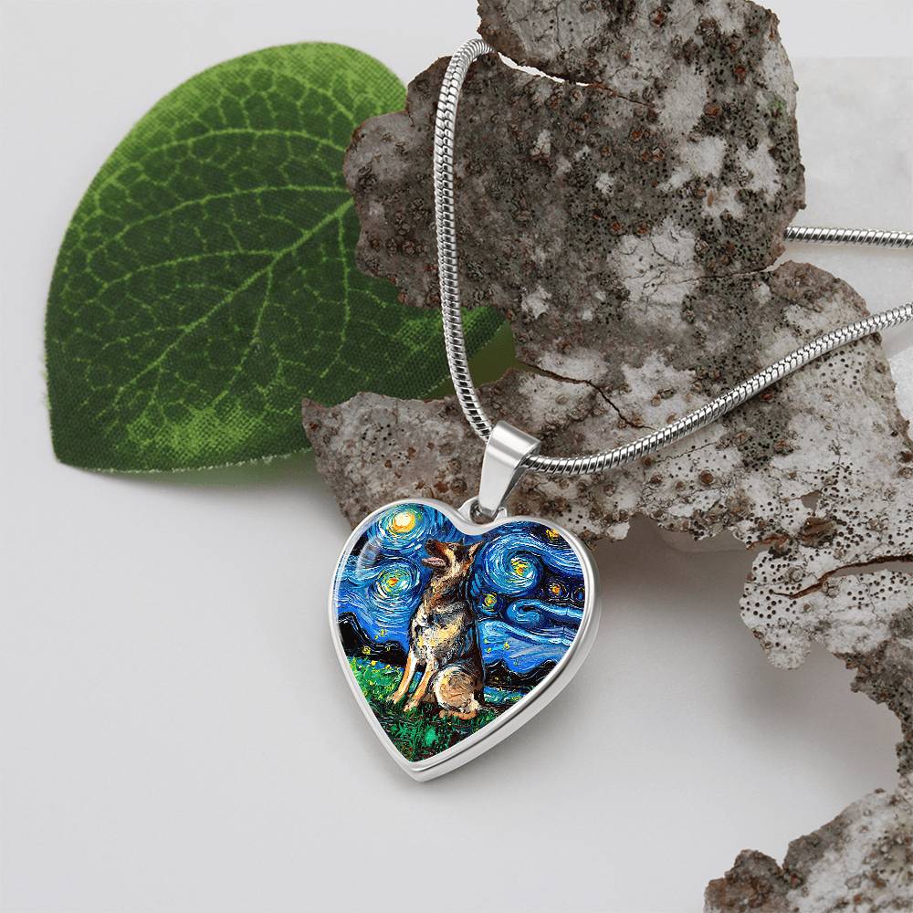German Shepherd Starry Night Heart Necklace