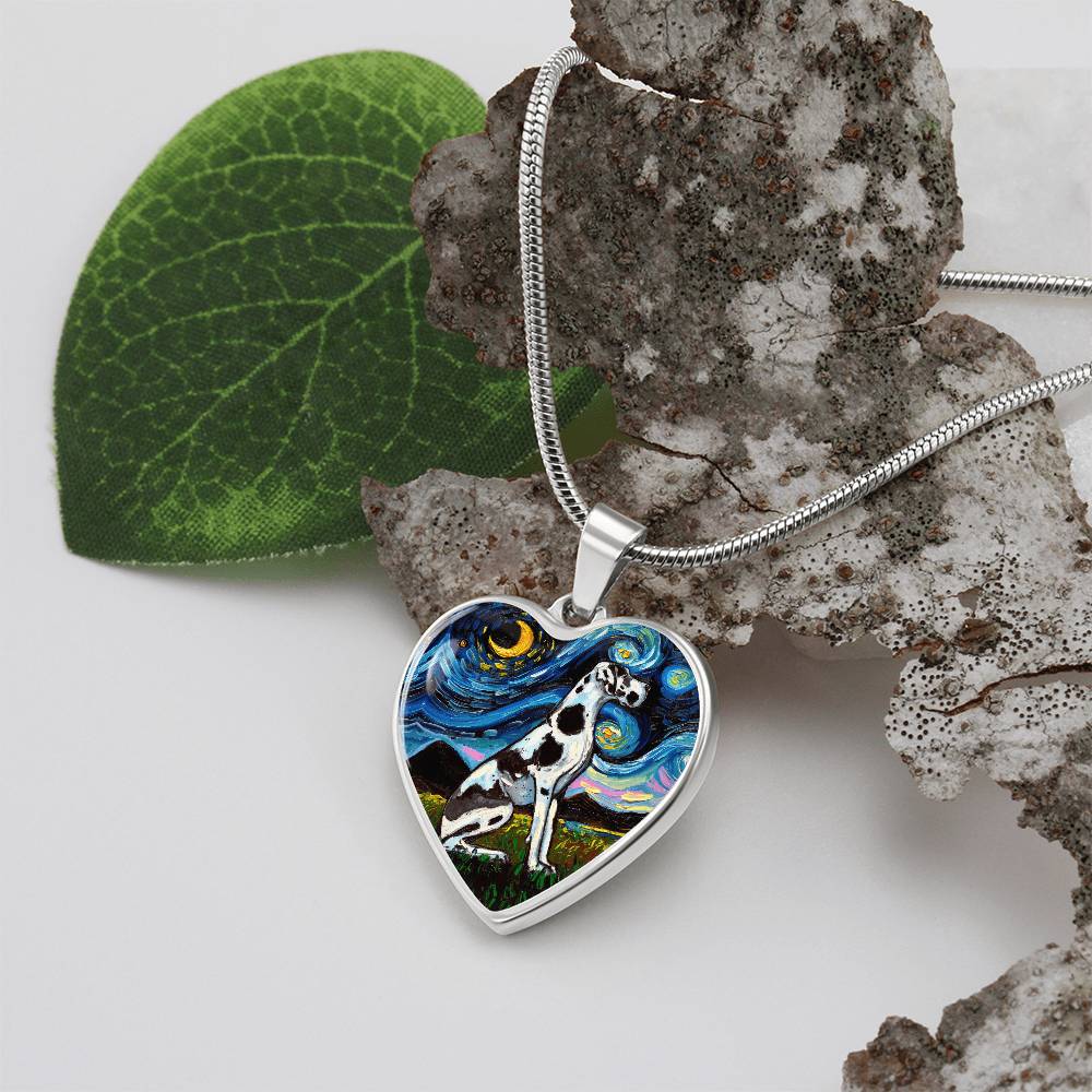 Harlequin Great Dane Starry Night Heart Necklace
