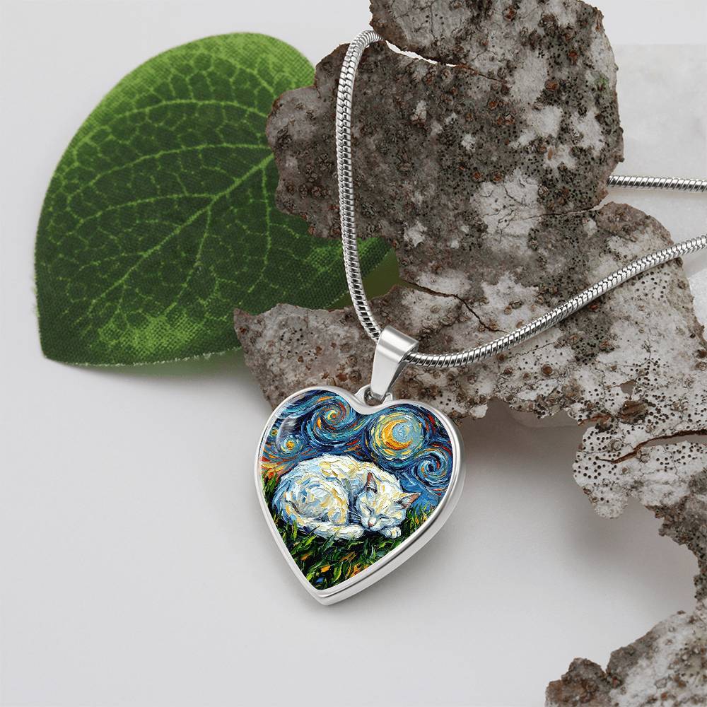 Sleepy White Cat Night Heart Necklace