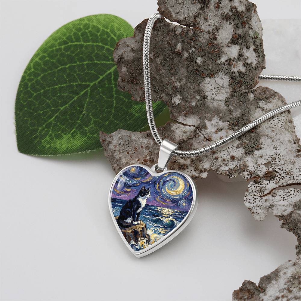 Beach Nights - Tuxedo Cat Heart Necklace