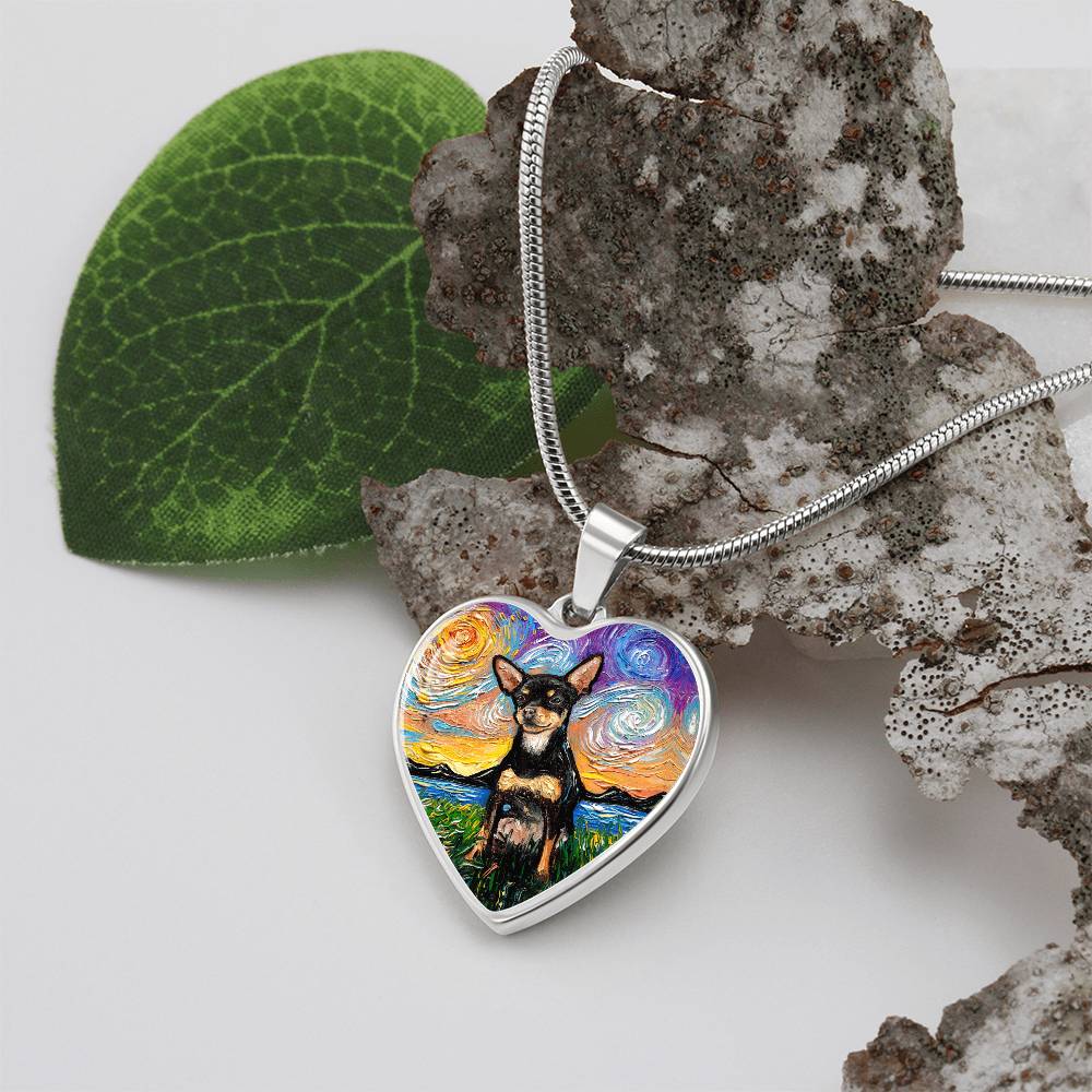 Black and Tan Chihuahua Starry Night Heart Necklace