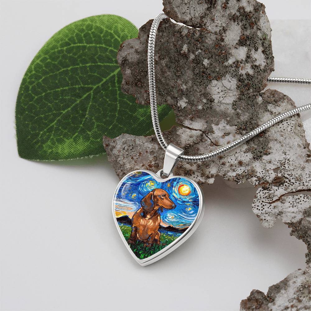 Brown Dachshund Starry Night Heart Necklace