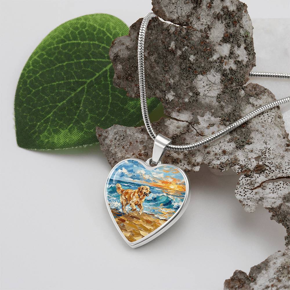 Frolicking Golden Retriever Heart Necklace