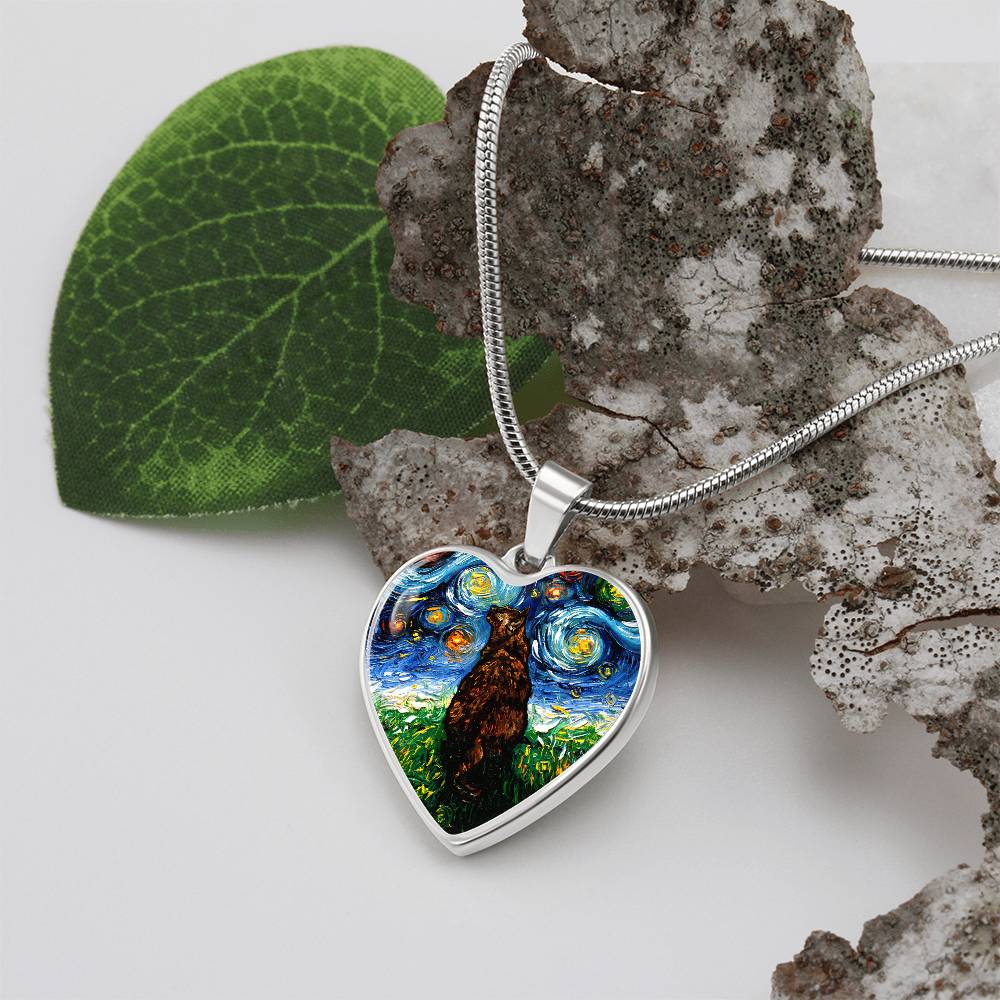 Tortoiseshell Cat Starry Night Heart Necklace