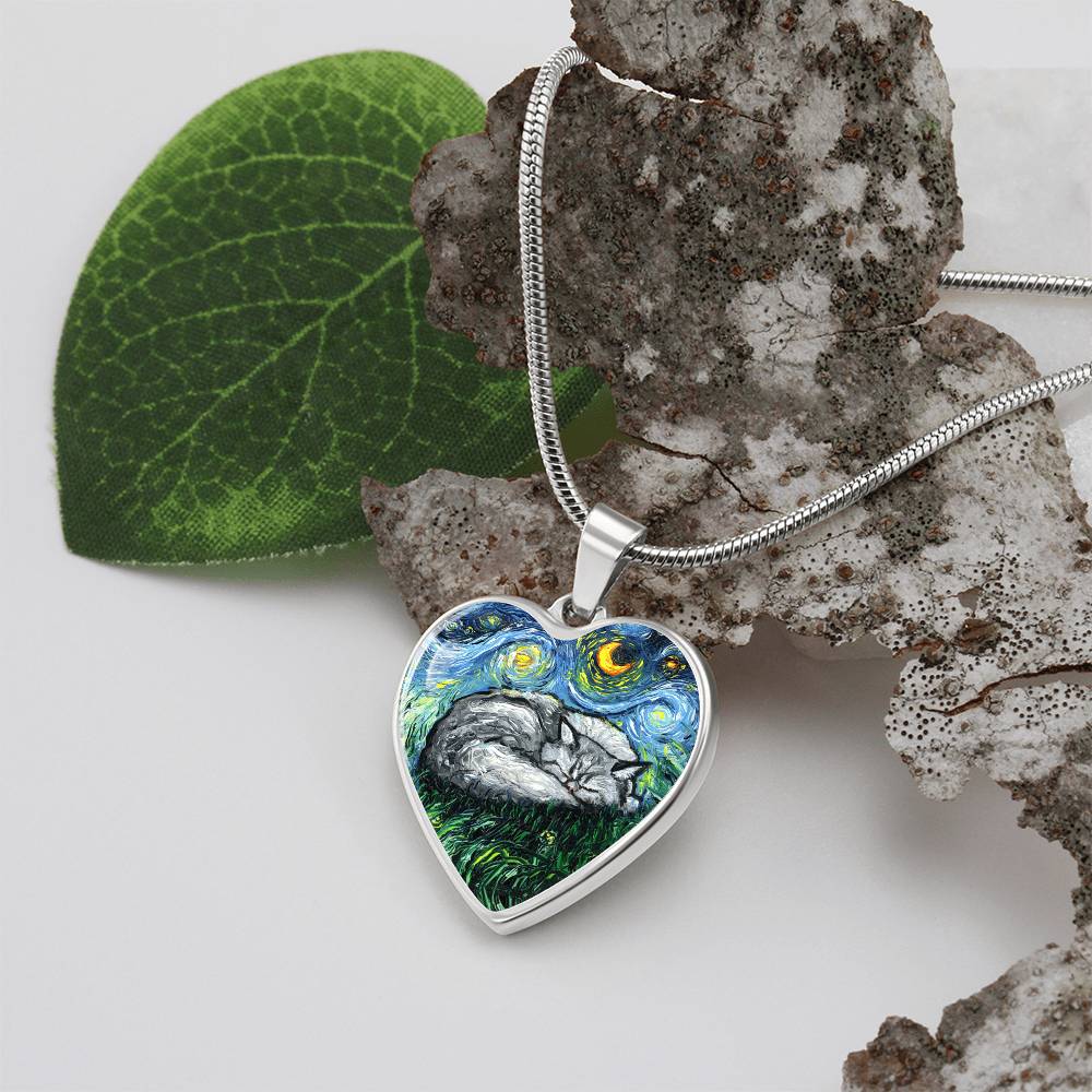 Sleeping Persian Cat Starry Night Heart Necklace