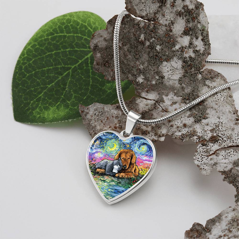 Best Friends Cat and Dog Starry Night Heart Necklace