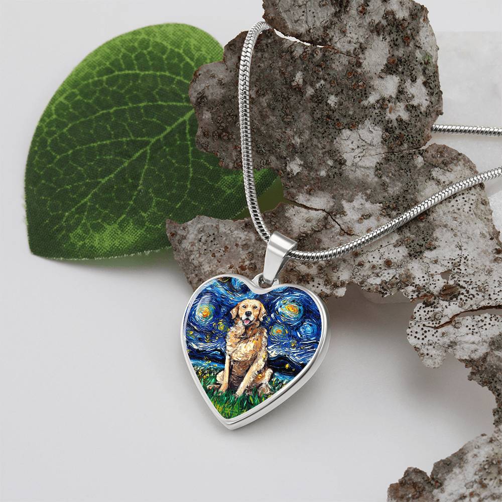 Golden Retriever Starry Night Heart Necklace