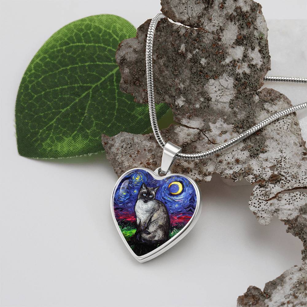 Siamese Cat Starry Night Heart Necklace