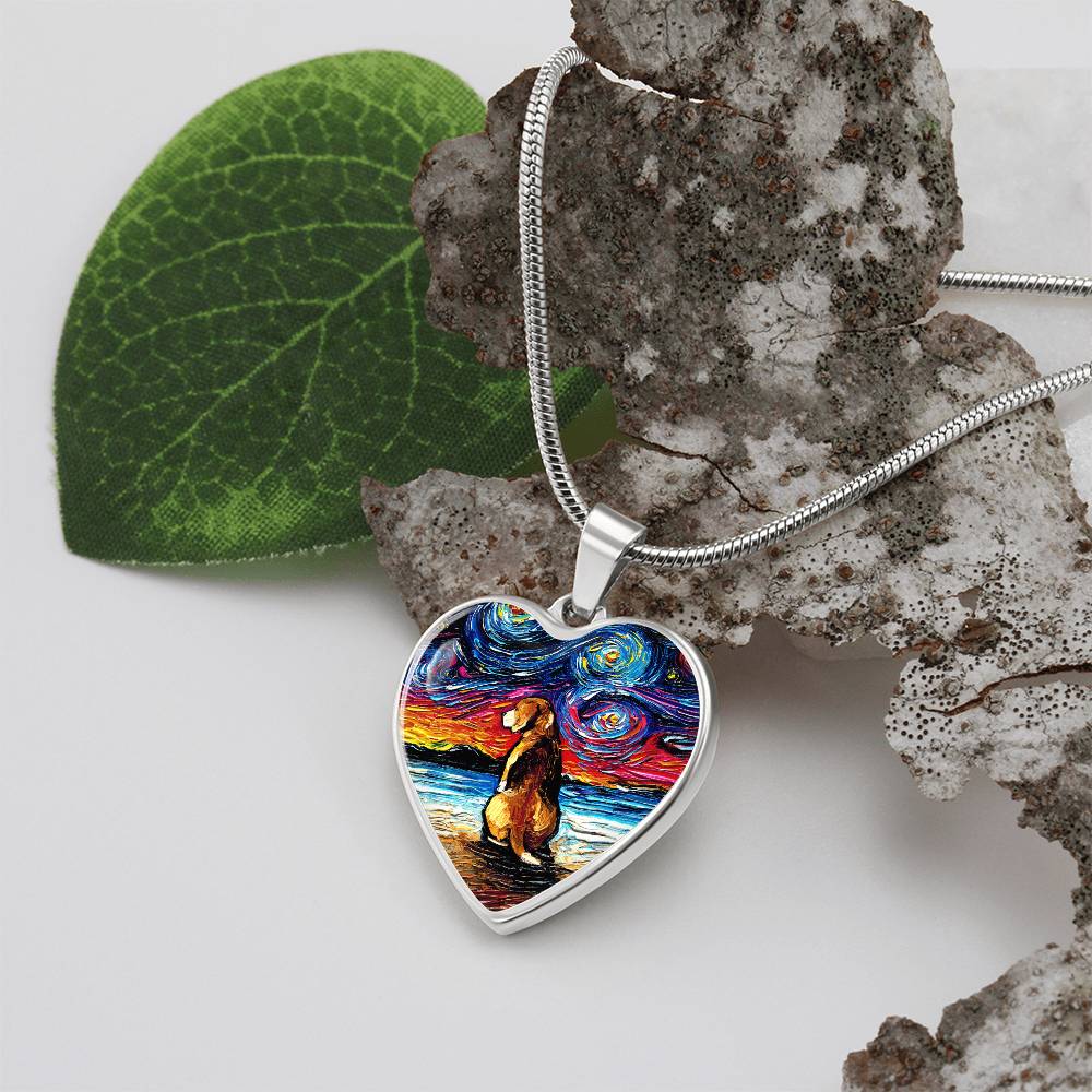 Beagle at the Beach Starry Night Heart Necklace
