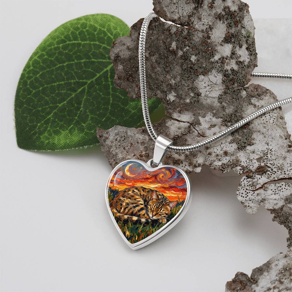 Sleepy Egyptian Mau Night Heart Necklace
