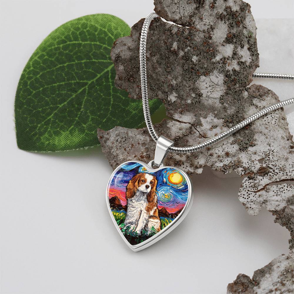 Blenheim Cavalier Spaniel Starry Night Heart Necklace