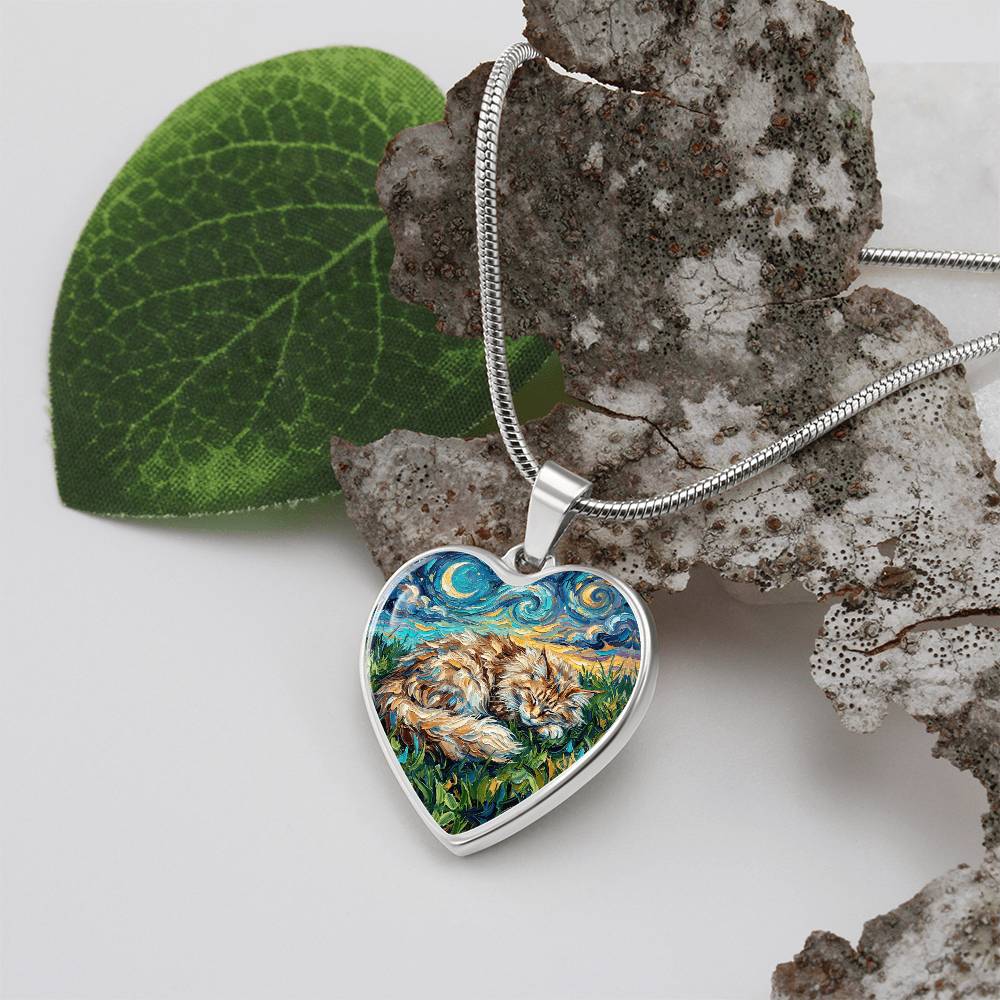 Sleepy Maine Coon Night Heart Necklace