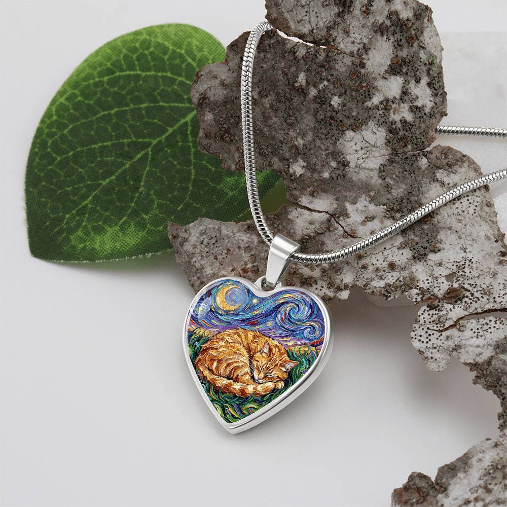 Sleepy Orange Tabby Night Heart Necklace