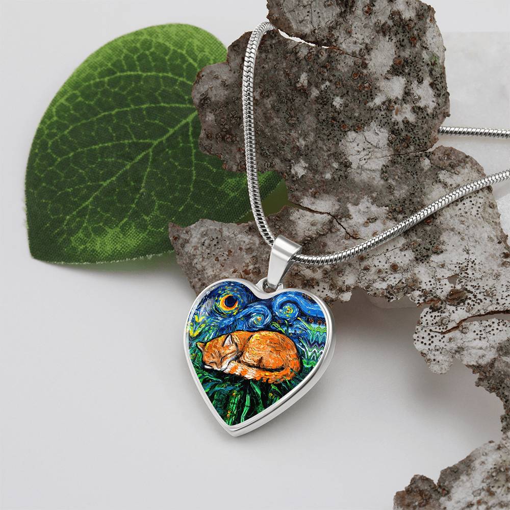 Sleepy Orange Tabby Cat Heart Necklace