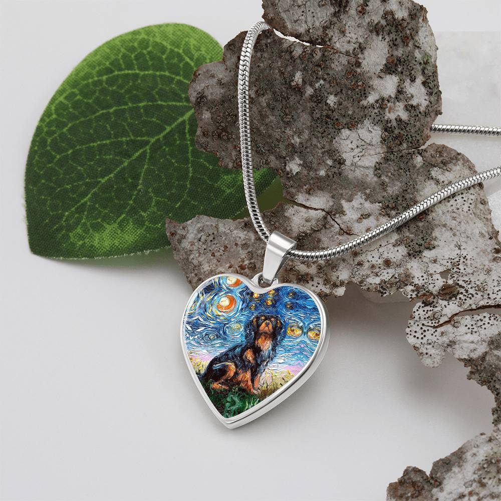 Black and Tan Cavalier Spaniel Starry Night Heart Necklace