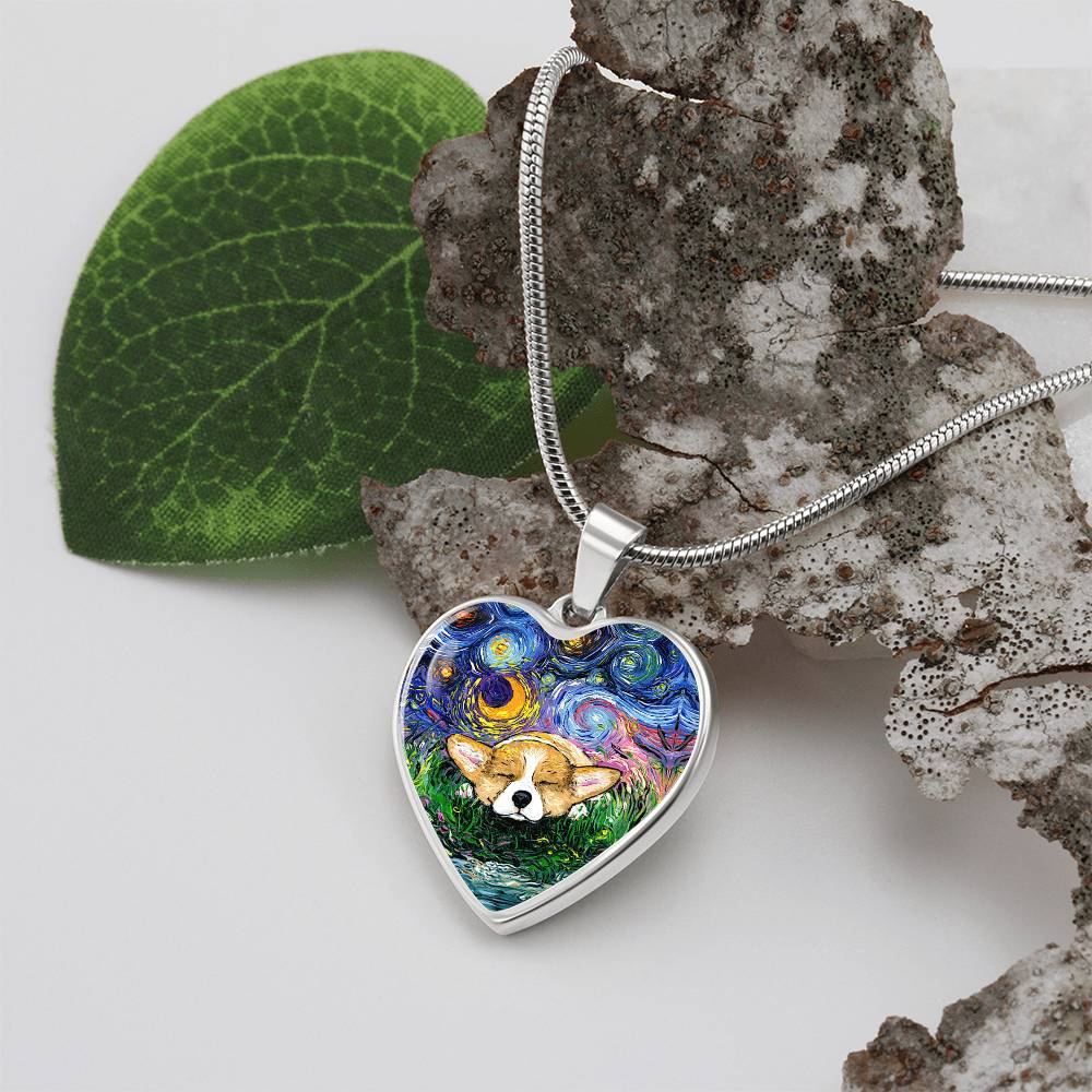Sleeping Corgi Starry Night Heart Necklace