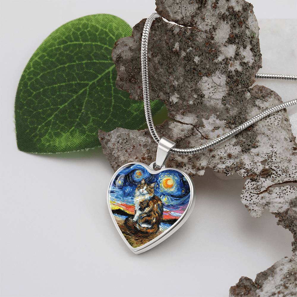 Calico Cat 2 Starry Night Heart Necklace