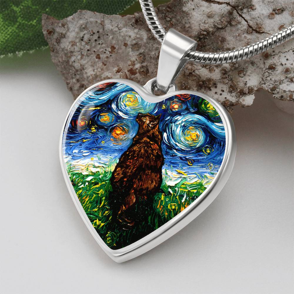 Tortoiseshell Cat Starry Night Heart Necklace