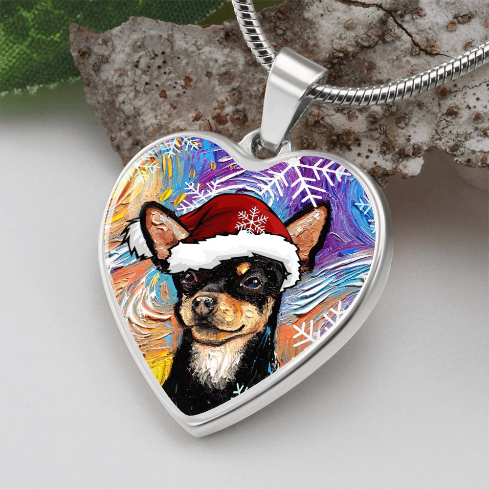 Santa Black and Tan Chihuahua Heart Necklace