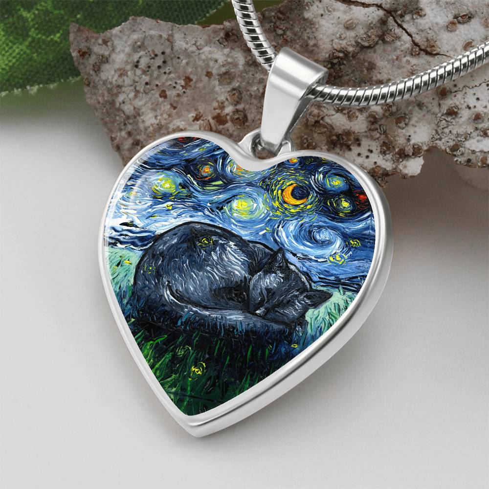 Sleeping Black Cat Starry Night Heart Necklace
