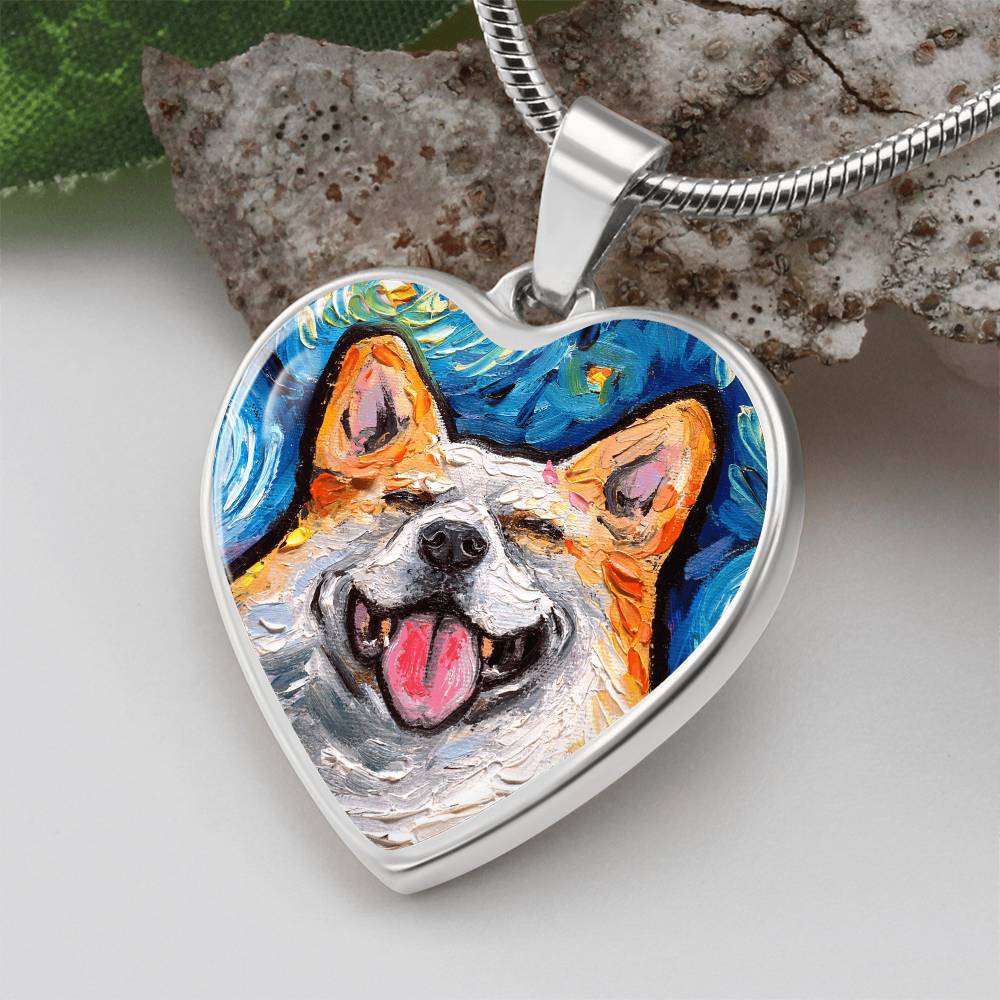 Smiling Corgi Portrait Starry Night Heart Necklace