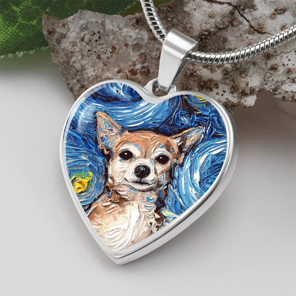 Chihuahua Portrait Starry Night Heart Necklace