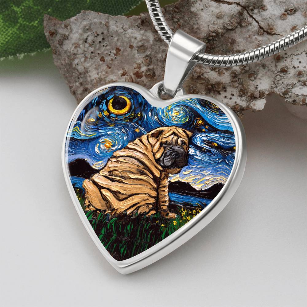 Brown Shar Pei Starry Night Heart Necklace