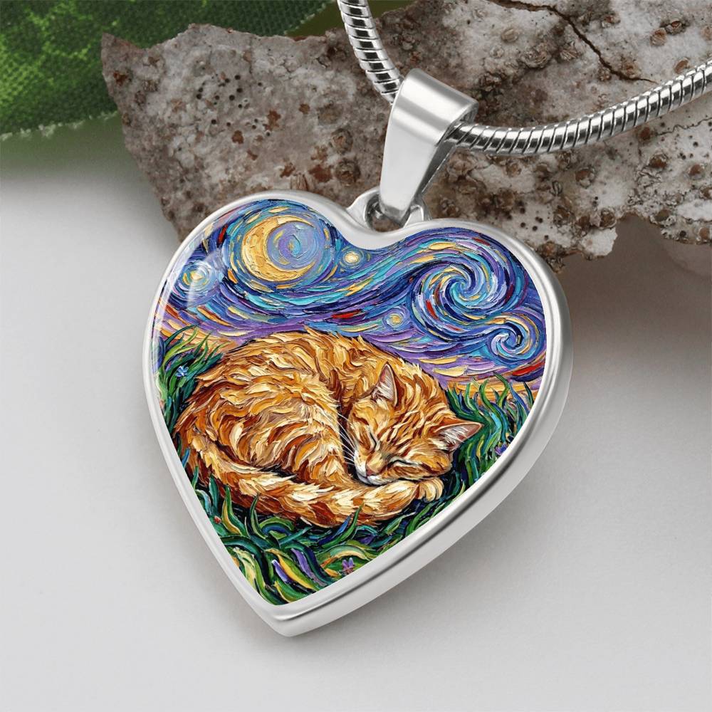Sleepy Orange Tabby Night Heart Necklace