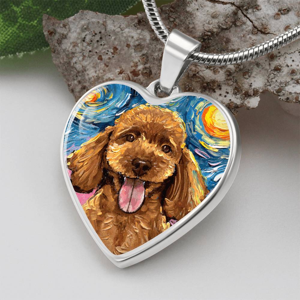 Apricot Poodle Portrait Starry Night Heart Necklace